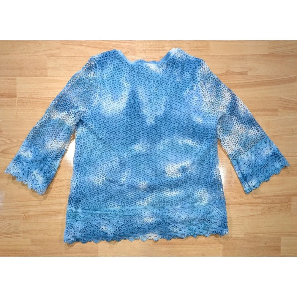 Alfred Dunner Womens Blue Tie Dye Crochet Lace Trim Mesh Top Size L 3/4 Sleeve